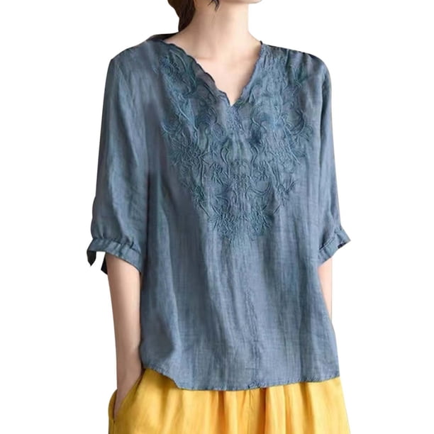 Camisa vintage de lino bordada para mujer: cuello en V holgado, manga 3/4, mezcla transpirable, jersey informal, blusa para todas las estaciones