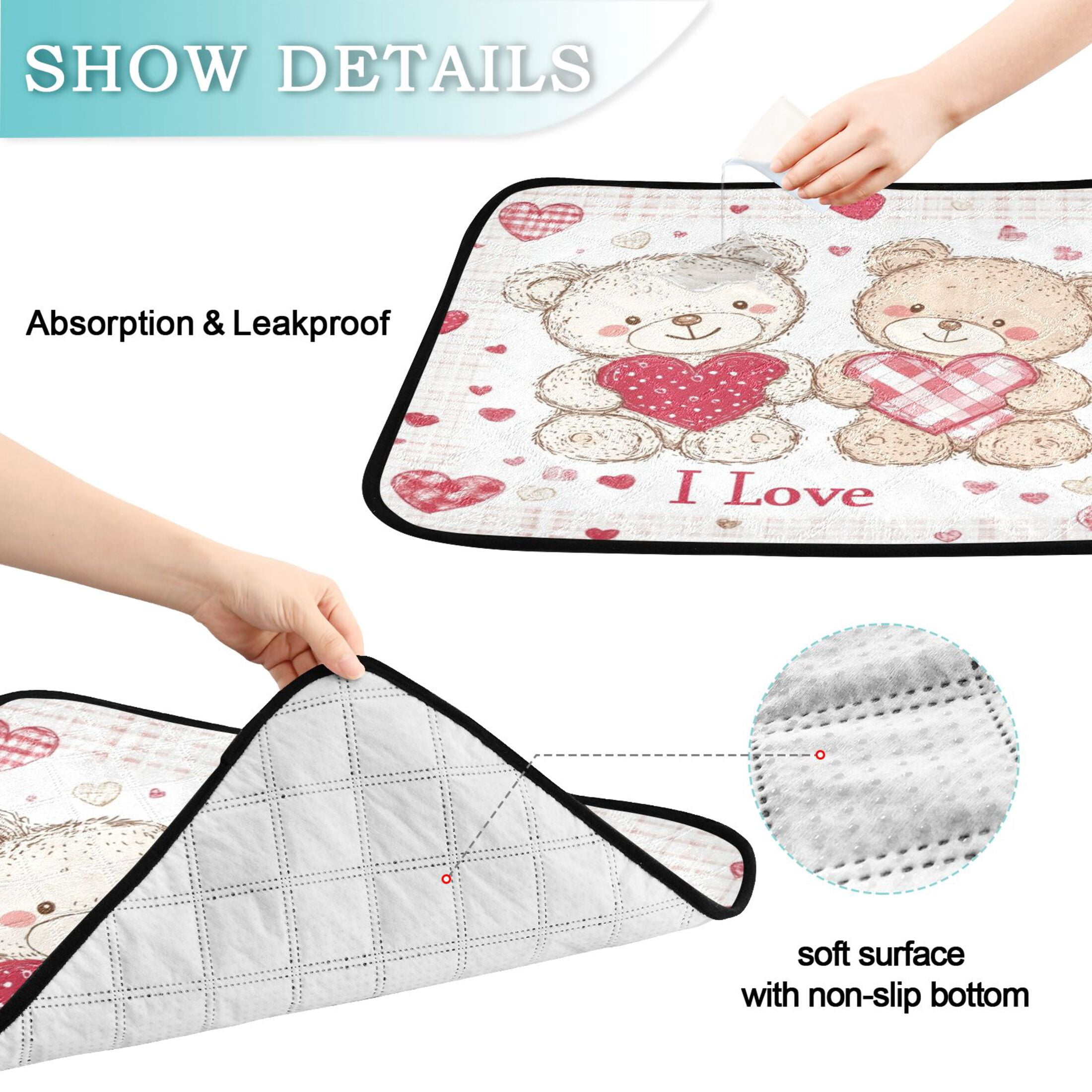 Qxltty Valentine Teddy Bear Cat litter Pads Pet Set of 2 Diaper Mats Center Anti-leakage Layer Absorbent Soft and Comfortable