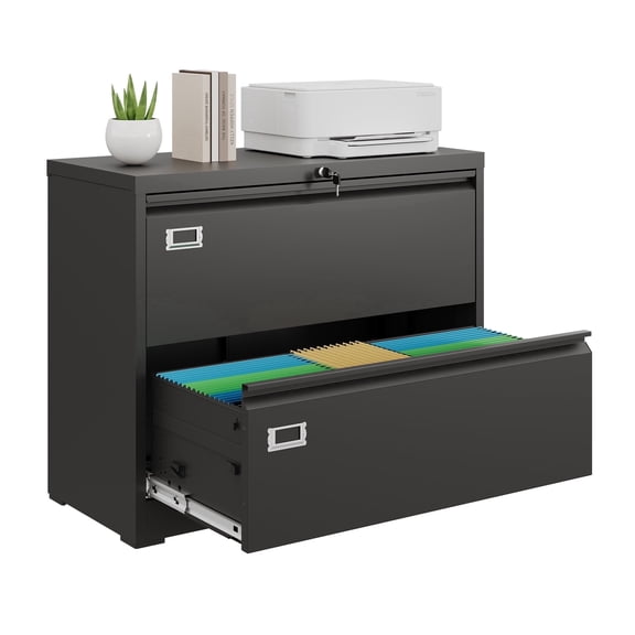 GALAXHERO 2 Drawer Lateral File Cabinet with Lock, 35" Wide Metal Filing Cabinets for Home Office, Metal Horizontal Storage Cabinet for Hanging Files Letter/A4/Legal/F4 Size, Black