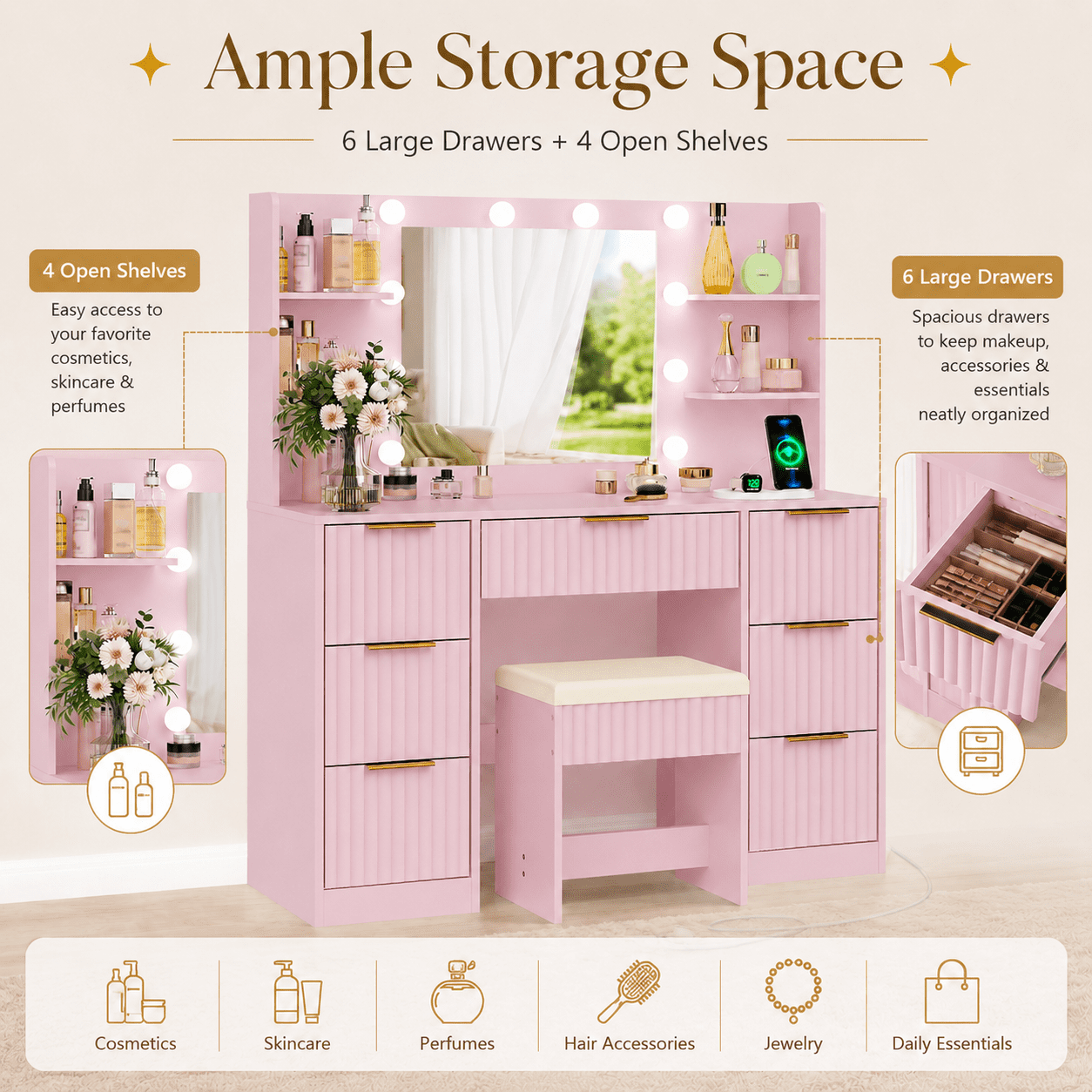 Ktaxon Makeup Vanity Set with 3 Color Lighted Mirror & Charging Station, Dressing Table w/ 7 Drawers for Femal Gift, Pink