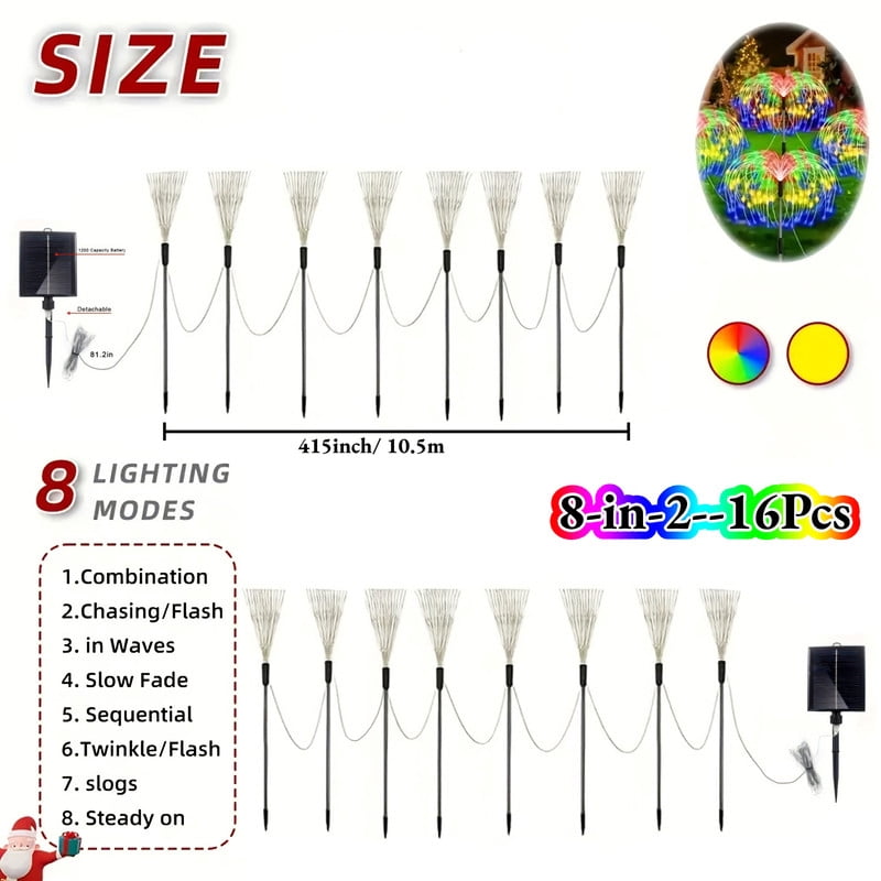 16 Packs Solar Firework Lights, 8 Modes IP65 Outdoor Solar Garden Lights, Value Set Solar Powered&nbsp;Fairy Lights for Patio, Pathway, Yard Decor