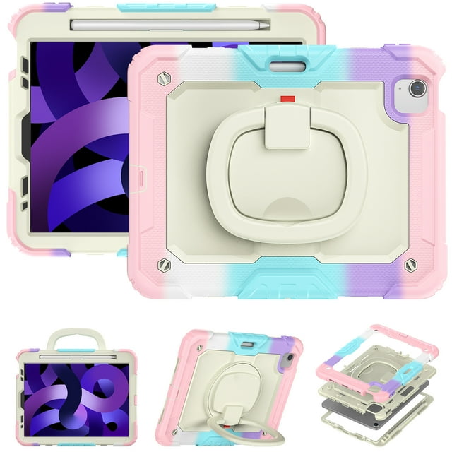 for iPad Air 5th/4th Generation 10.9 inch 2022/2020 Case, 360 Rotating Shockproof Cover with Stand, Handle, Shoulder Strap, Rainbow Pink