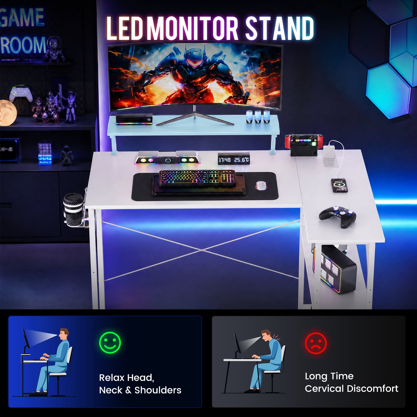 CLOUDREST PRO 42" L-Shaped Computer Desk, Power Outlets & RGB LEDs, White