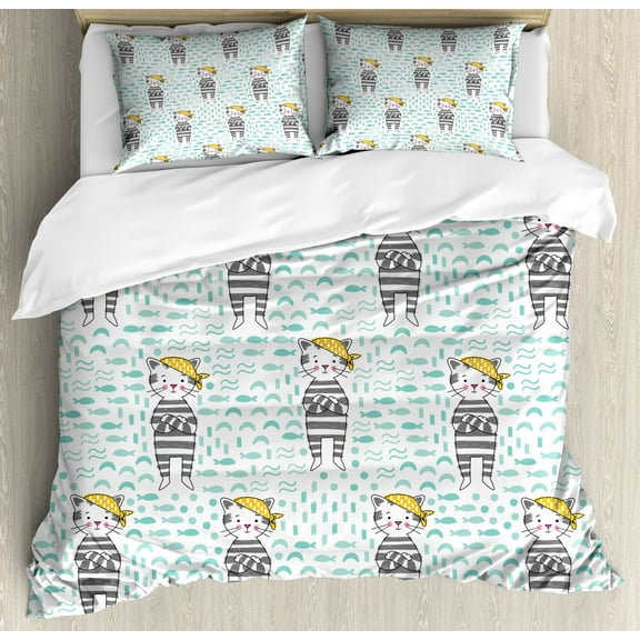Kids Boys King Size Duvet Cover Set, Kittens with Bandana on Pastel Toned Fishes and Waves Background, Decorative 3 Piece Bedding Set with 2 Pillow Shams, Pale Green Grey and Yellow, by Ambesonne