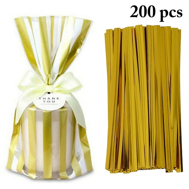 Coofit 50 Pcs Sac Cello Doré Sac à Biscuits Plat Sac de Friandises Cellophane avec Attache Torsadée