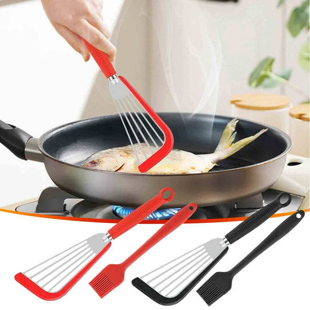 Xihbxyly Espátula Antiadherente para Pescado, de Acero Inoxidable, con Ranuras, Mango Ergonómico Suave, Diseño Antiescaldaduras, Herramienta Flexible para Cocinar, Ideal para Freír Huevos, Panqueques