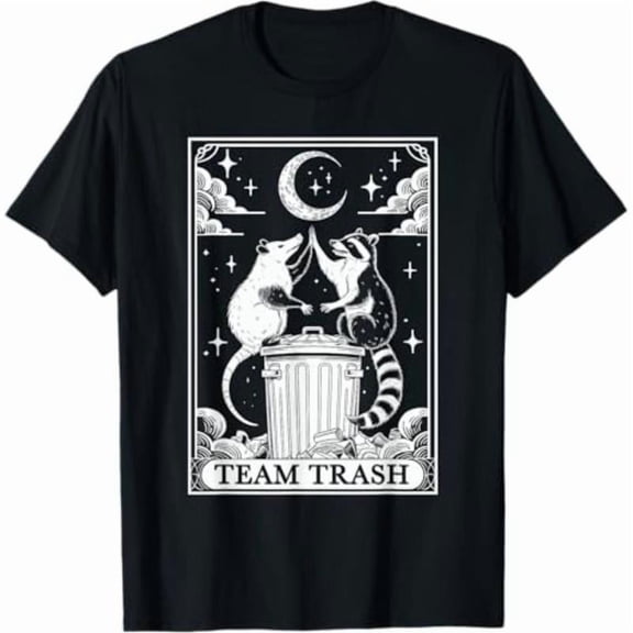 Unisex "Team Trash" Whimsical Animal Graphic Tees with Tarot - Style Print T - shirts Casual Short Sleeve Tops Ideal For Animal Lovers and Daily Wear