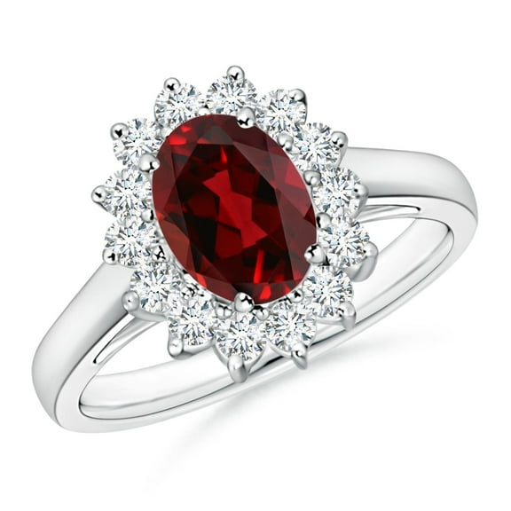 ANGARA Natural Princess Diana Inspired 1.45 ct Garnet Ring with Diamond Halo in 14K White Gold for Women (Size-8x6mm) | January Birthstone, Anniversary, Jewelry Gift for Women | Natural Garnet Ring