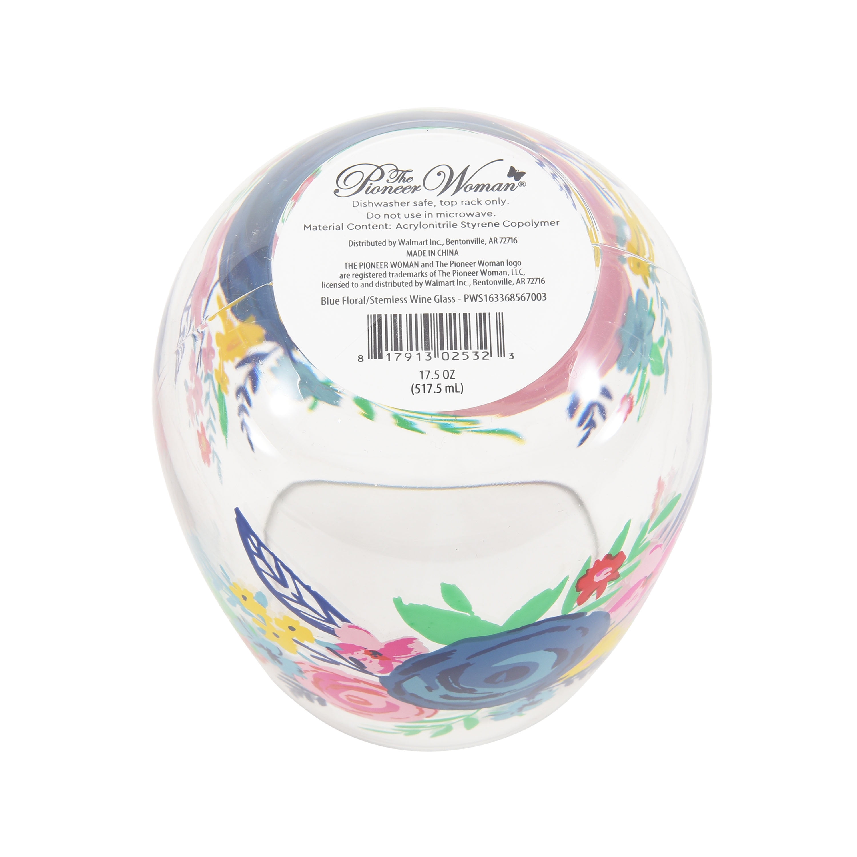 (2 pack) The Pioneer Woman Blue Floral 17.5-Ounce Stemless Wine Glass