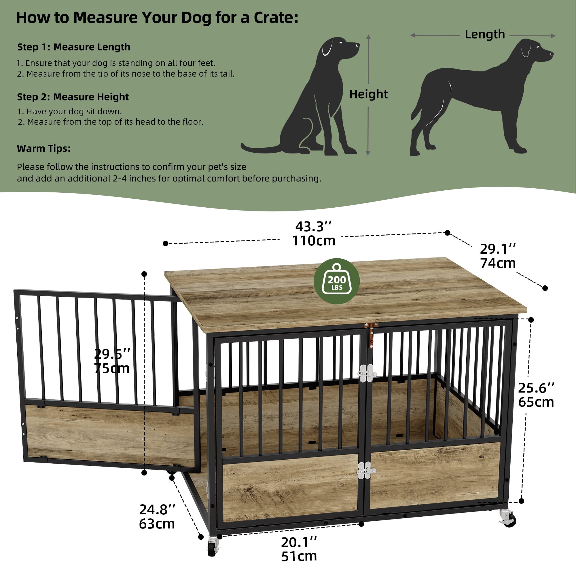 Uforic 43.3" Dog Crate Furniture with Wheels, Heavy Duty Double-Door Kennel for Medium/Large Dogs, Chew-Resistant Wooden End Table & Pet Cage