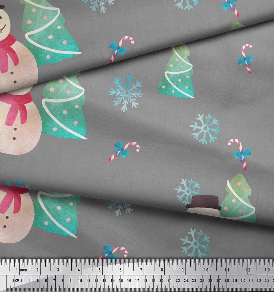Soimoi Grey Cotton Cambric Fabric Snowman & Tree Christmas Decor Fabric Printed Yard 56 Inch Wide