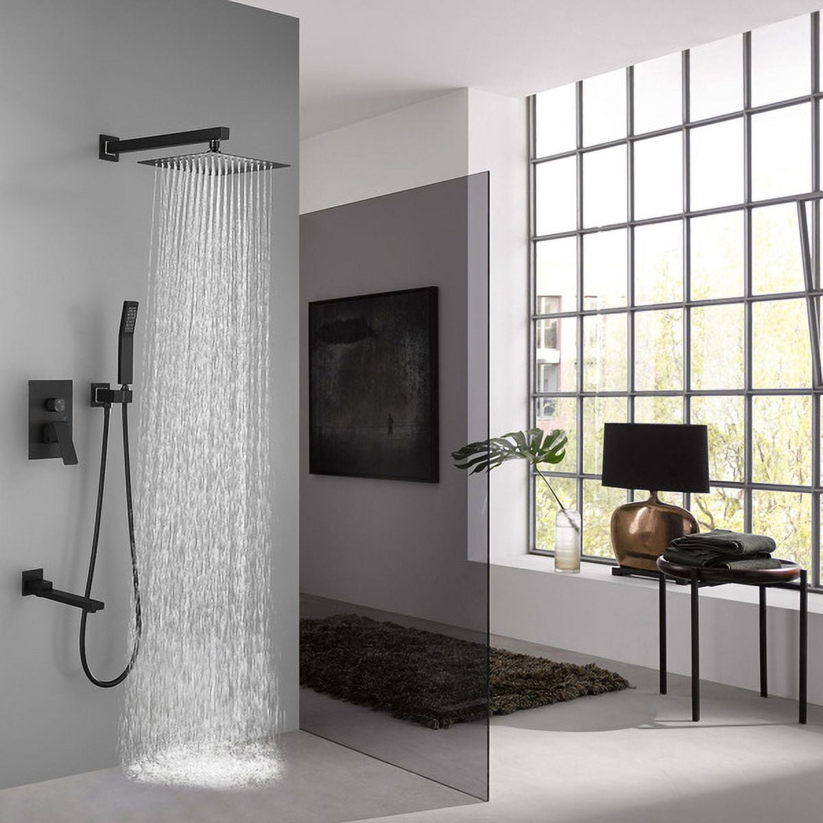 10" Square Luxury Rainfall Shower System – Matte Black Modern Bathroom Set with Air-Injection Technology, Hand Shower, Tub Spout & Rough-In Valve – 3-Function Wall-Mounted Shower Kit