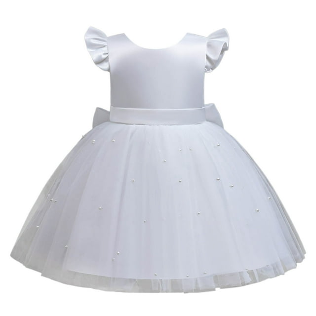 Xuewenshw Robes à Manches Volantes pour Filles Tout-Petits Décoration Perle Robe Unie Nœud Papillon Robe 24 Mois