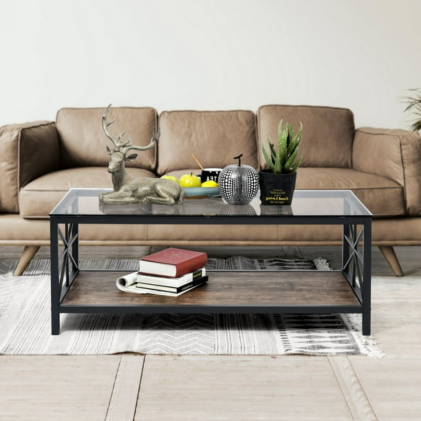 Furniturer Grain Coffee Table With Storage Glass Top Walmart Com Walmart Com