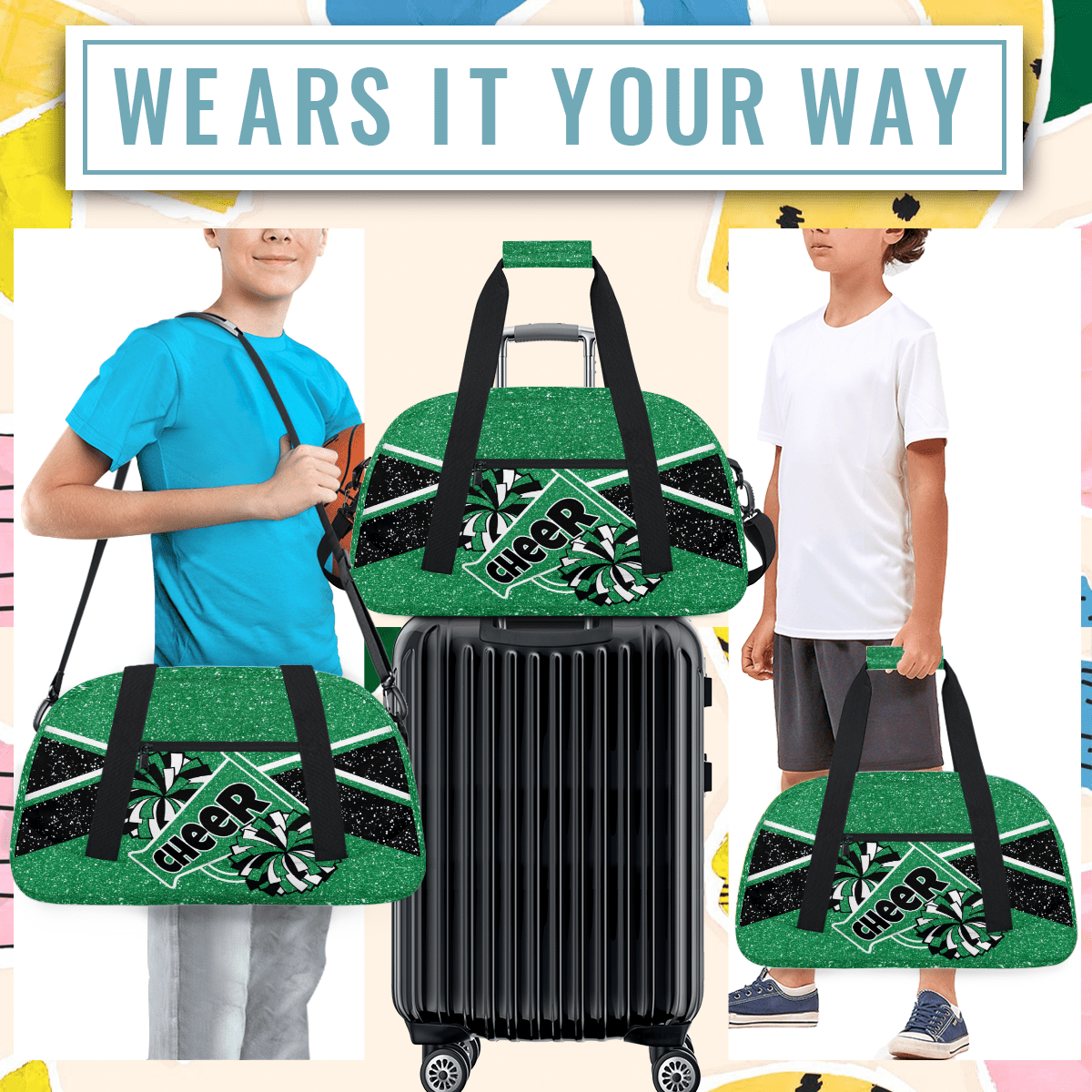 Herdesigns Cheer Bag Sports Duffle Bags Cheerleader Green Gym Bag Weekender Travel Bag Waterproof Overnight Bag Carry On Travel Tote Bag Dance Bags