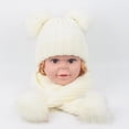 thumbnail image 4 of Toddler Kids Winter Warm Ribbed Knit Beanie Hat with Long Scarf Set Solid Color Cute Double Pom Pom Ear Cuffed Skull Cap, 4 of 10