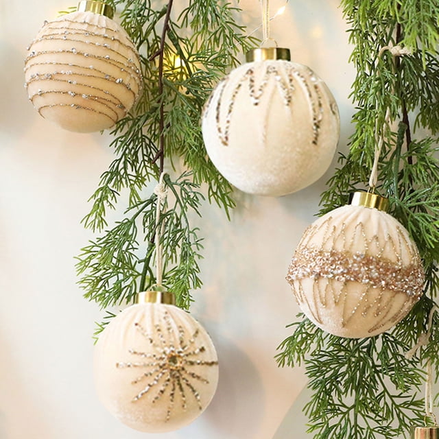 Adornos navideños de diamantes brillantes de 8 cm | Paquete de 12 bolas de terciopelo flocadas | Decoración navideña para colgar en el árbol, en rojo, verde y beige