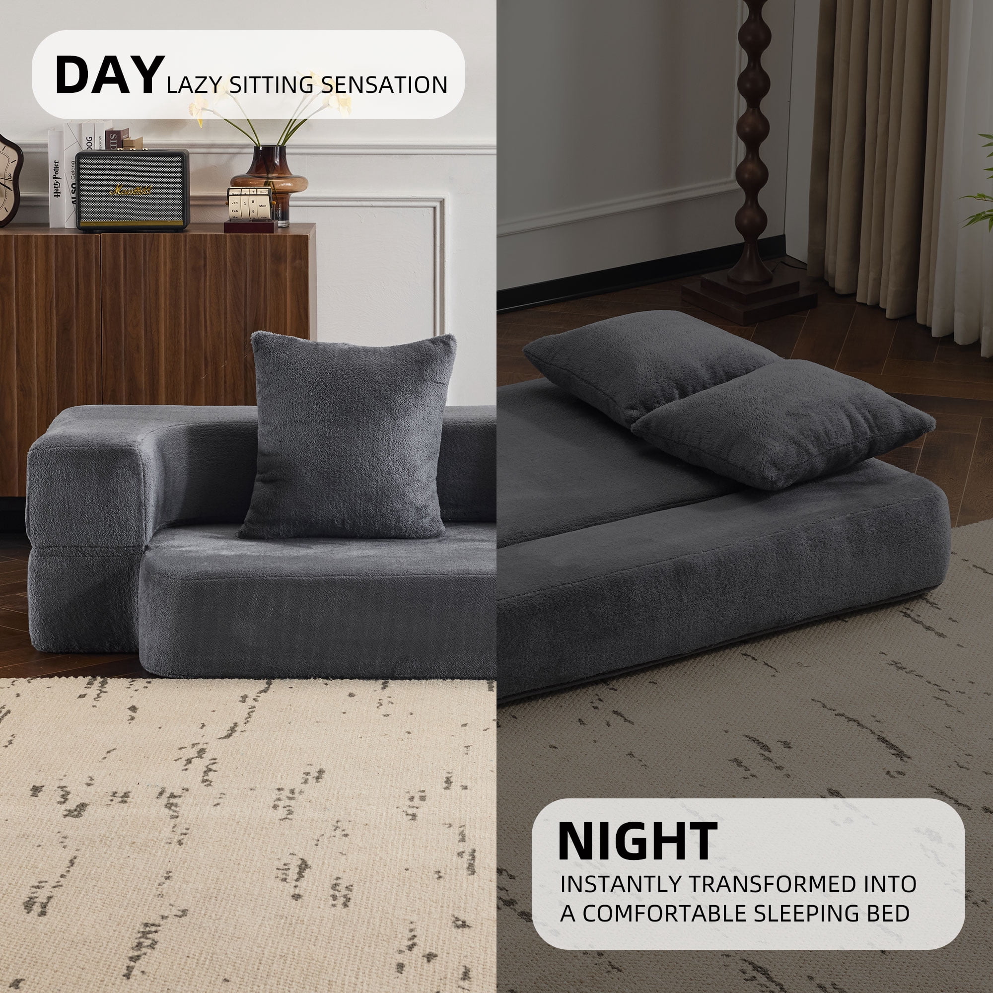 Jopath 75'' Futon Sofa Bed, Foldable Mattress Sofa Couch with Pillow Back & Armrest, Faux Fur Floor Couch Lounge Sleeper Sofa Bed for Living Room/Bedroom,No Assembly Required,Gray