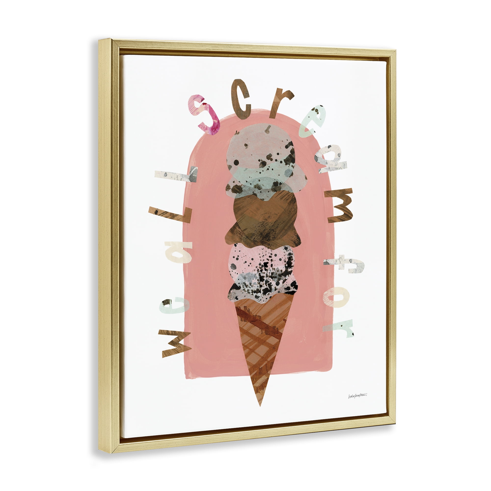 Stupell Industries All Scream For Ice Cream Food & Beverage Painting Gold Floater Framed Canvas Art Print Wall Art, 17 x 21