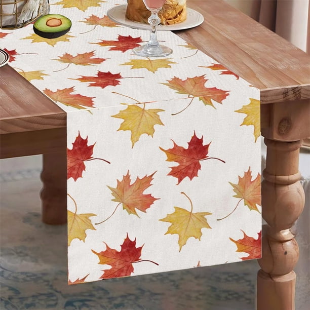 Linen Thanksgiving Table Runner with Pumpkin Maple Leaf Plaid Design for Harvest Holiday Party Decor, Autumn Kitchen Dining Table Centerpiece, Farmhouse Rustic Fall Decorations, Seasonal Home Accent