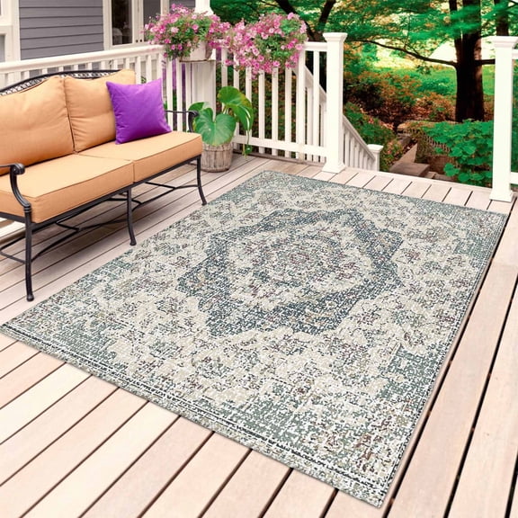 Beige Boho Floral Outdoor Rug 3x5 Ft, Non Slip Washable Area Rug, Medieval Vintage Ethnic Flower Abstract Patio Rugs Carpet Runner, Large Floor Mat for Indoor/Outdoor Deck Porch Camping