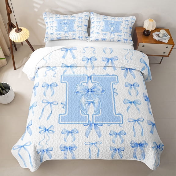 Manfei Aesthetic Blue Bow Twin Quilt Set For Kids,Letter H Monogram Letter Twin Coverlet Set,2pcs