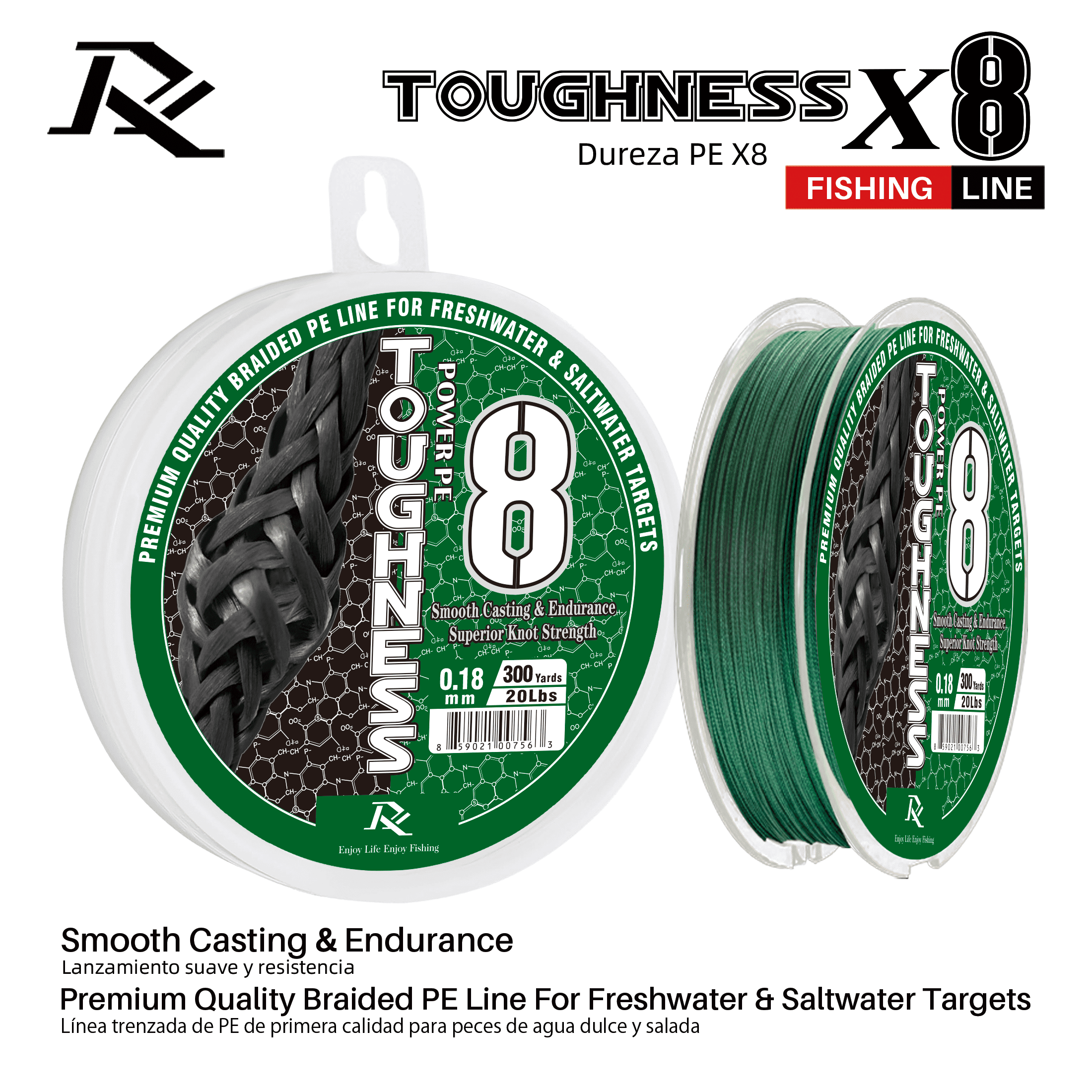 Ray Fishing Toughness 8 Strands Braided Fishing Line - CAST FURTHER & LASTS LONGER – Greater abrasion resistance – Strong knot strength – Smaller Diameter – Fresh and salty (Moss Green, 0.18mm-20Lbs)