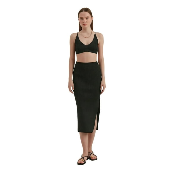 2 Pieces: V Neck Bodycon Crop Top & High Waist Maxi with a Side Slit