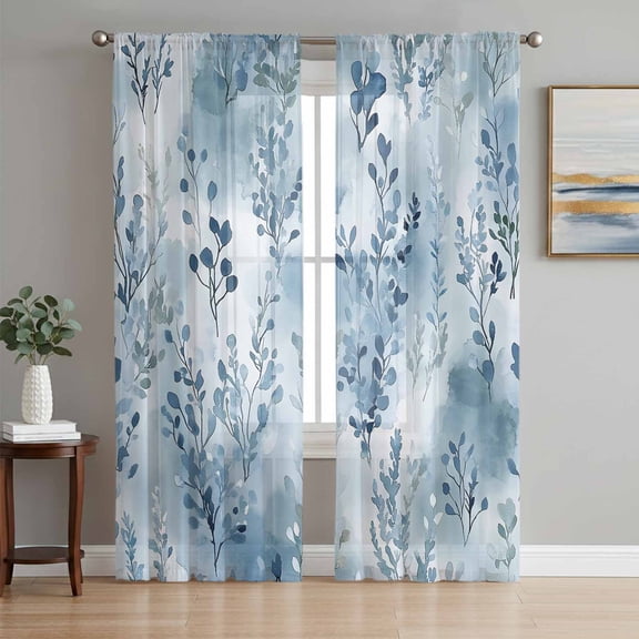 Blue Botanical Art Sheer Curtains 72 Inch Length 2 Panels Set, Watercolor Leaf Modern Elegant Voile Window Treatment Rod Pocket Curtains Sheers Drapes for Bedroom/Living Room/Kitchen 52"x72"x2