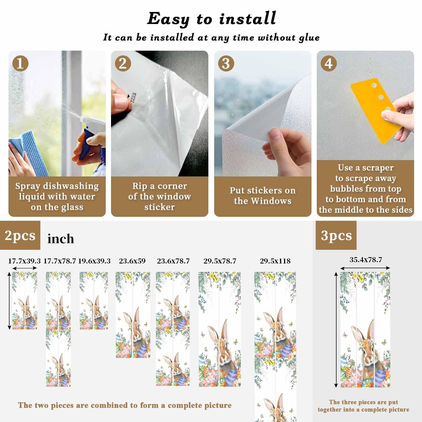 Easter Rabbit Window Privacy Film, Watercolor Floral Bunny Colored Eggs Leaf Frosted Glass Window Clings Static Cling UV Heat Blocking Reusable Door Sticker for Bathroom 35.4 x 78.7 Inch