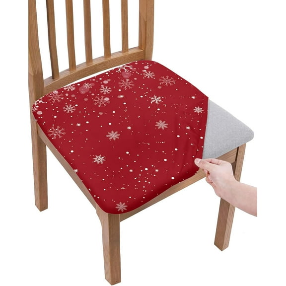 Dining Room Chair Seat Covers Set of 4, Winter Christmas White Snowflake Removable Stretch Chair Seat Cushion Slipcovers Protector for Holiday Party Festival Decoration Snow Ombre on Red