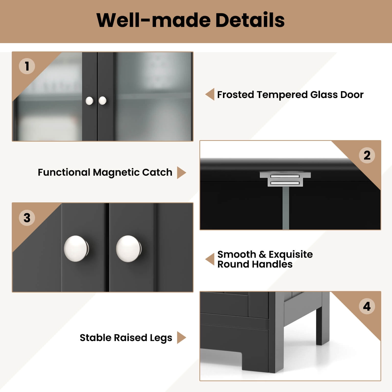 Costway Bathroom Floor Storage Cabinet Kitchen Cupboard with 2 Drawers & Glass Doors Black