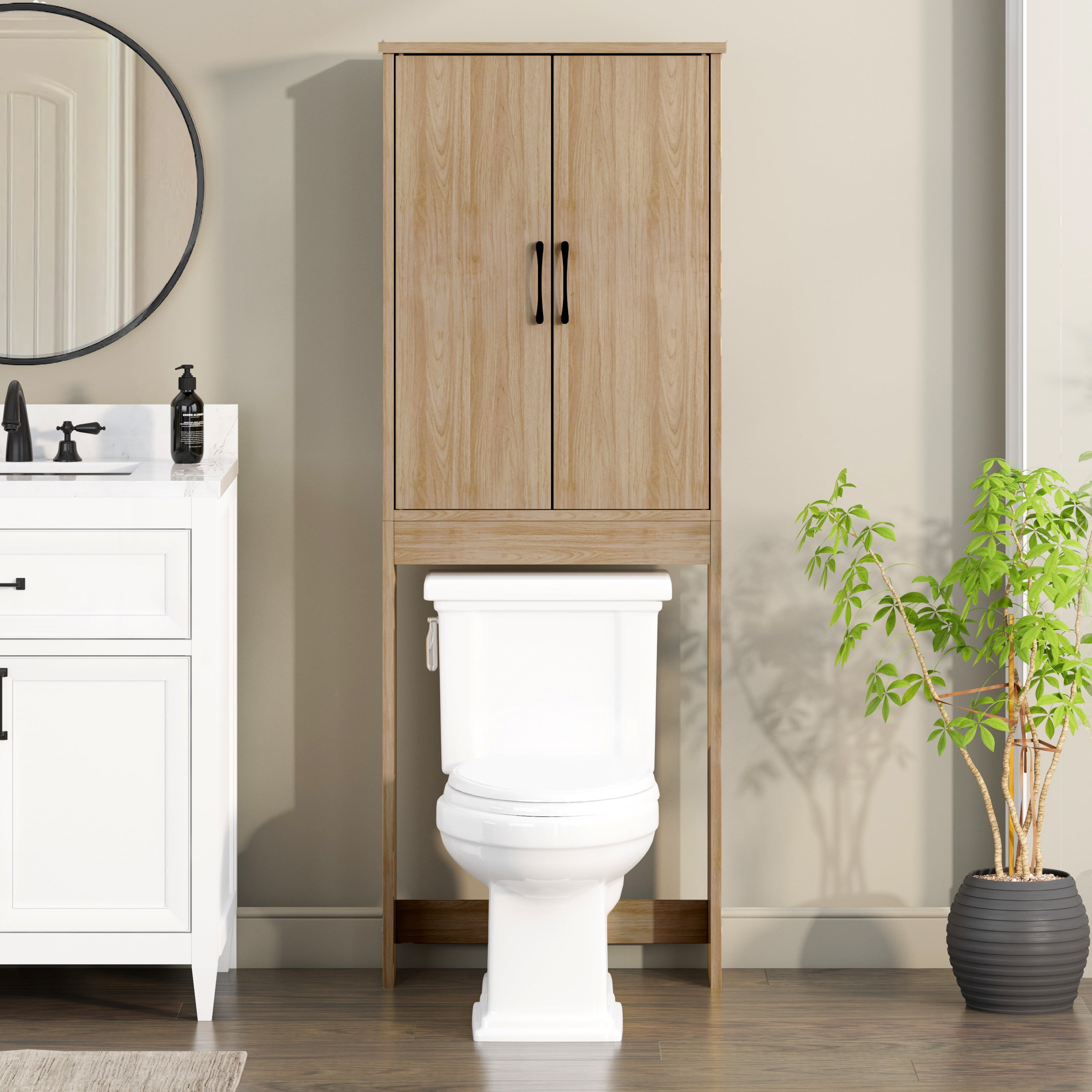 Mainstays Ardent Adjustable 2-Shelf Wood Composite Home with Wall Anchor Tipping Restraint Kit over-the-Toilet Bathroom Storage Cabinet, Euro Oak, 1 Pack