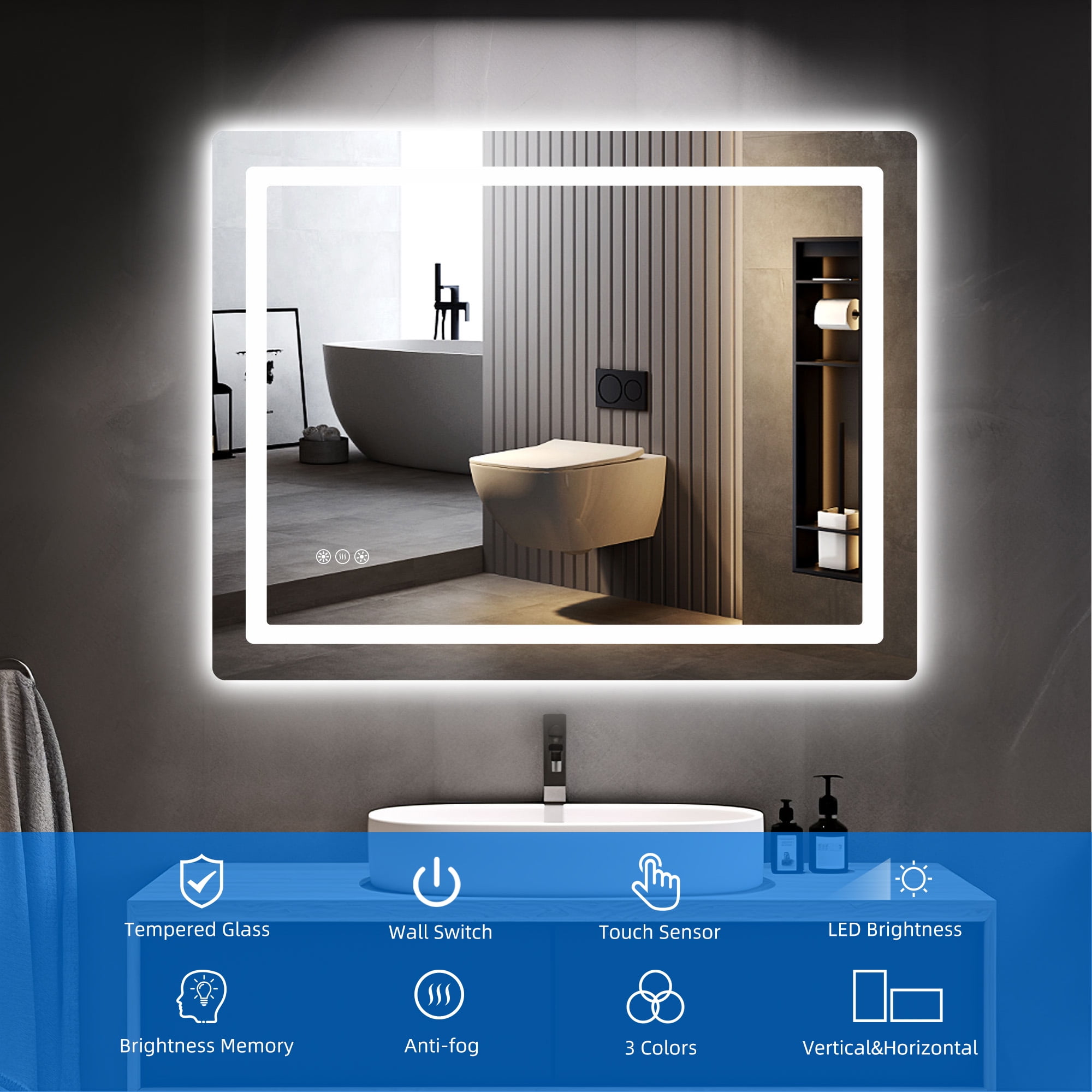 Dextrus 40 x24 LED Mirror for Bathroom Lighted Mirrors,Wall Mount Bathroom  Vanity Mirror with Lights, Gradient Front and Backlit Double LED Makeup  Mirror Anti-Fog, Memory Function Tempered Glass 