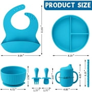 AYAOQIANG Soft Silicone Baby Feeding Set, Baby Led Weaning Set Infant Self Eating Utensil Set 7pcs Gray Blue