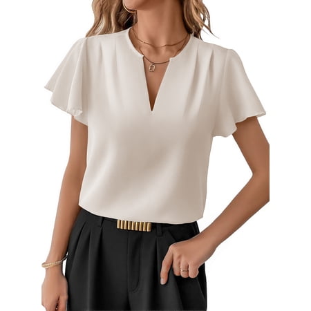 SHEWIN Womens Dressy Tops Summer V Neck Flowy Short Sleeve Blouses Business Casual Office Work Vacation Clothes
