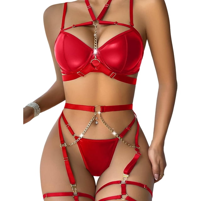 Sexy Pu Leather Strappy Underwire Garter Belt Lingerie Set
