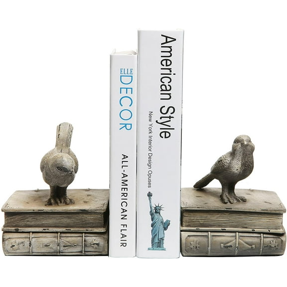 MyGift Decorative Birds and Books Design Vintage White Resin Bookends