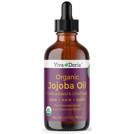 Viva Doria Organic Jojoba Oil, 4 fl oz, USDA Certified Organic Natural Jojoba Oil for Hair, Skin & Face, Cold Pressed Unrefined, Deeply Moisturizing Body oil Carrier Oils for Essential Oils Mixing