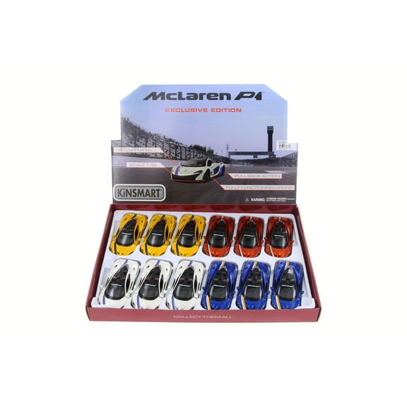 McLaren P1 with Prints Diecast Car Package - Box of 12 1/36 Scale Diecast Model Cars, Assorted Colors