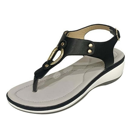 

Summer Saving Dvkptbk Women s Sandals Women Ladies Metal Comfortable Flip Flops Wedges Slipper Sandals Casual Shoes Black 7