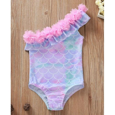

ZAXARRA 1-5years Baby Girls Bodysuit Swimsuit Sleeveless Fish Scale Print Bathing Suit For Girls Ruffle Flower Neckline Swimwear