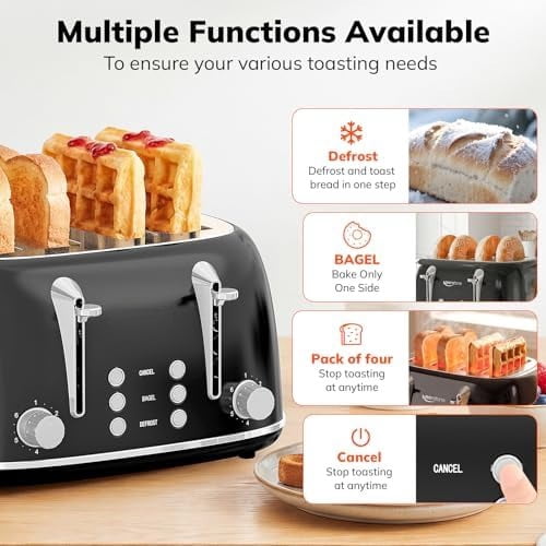 Toaster 4 Slice, Retro Stainless Steel Wide Slot Toaster with Dual Independent Controls, 6 Browning Levels, Bagel, Defrost, Reheat & Cancel, Removable Crumb Tray, Black