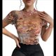 thumbnail image 1 of Top Corto de con Estampado para Mujer, Corta, Cuello Alto, Ajustado, con Ribete en Forma de Lechuga, Transparente, para Salir Color Caramelo L, 1 of 9