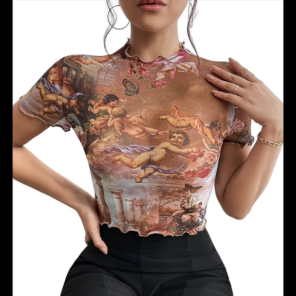 Top Corto de con Estampado para Mujer, Corta, Cuello Alto, Ajustado, con Ribete en Forma de Lechuga, Transparente, para Salir Color Caramelo L