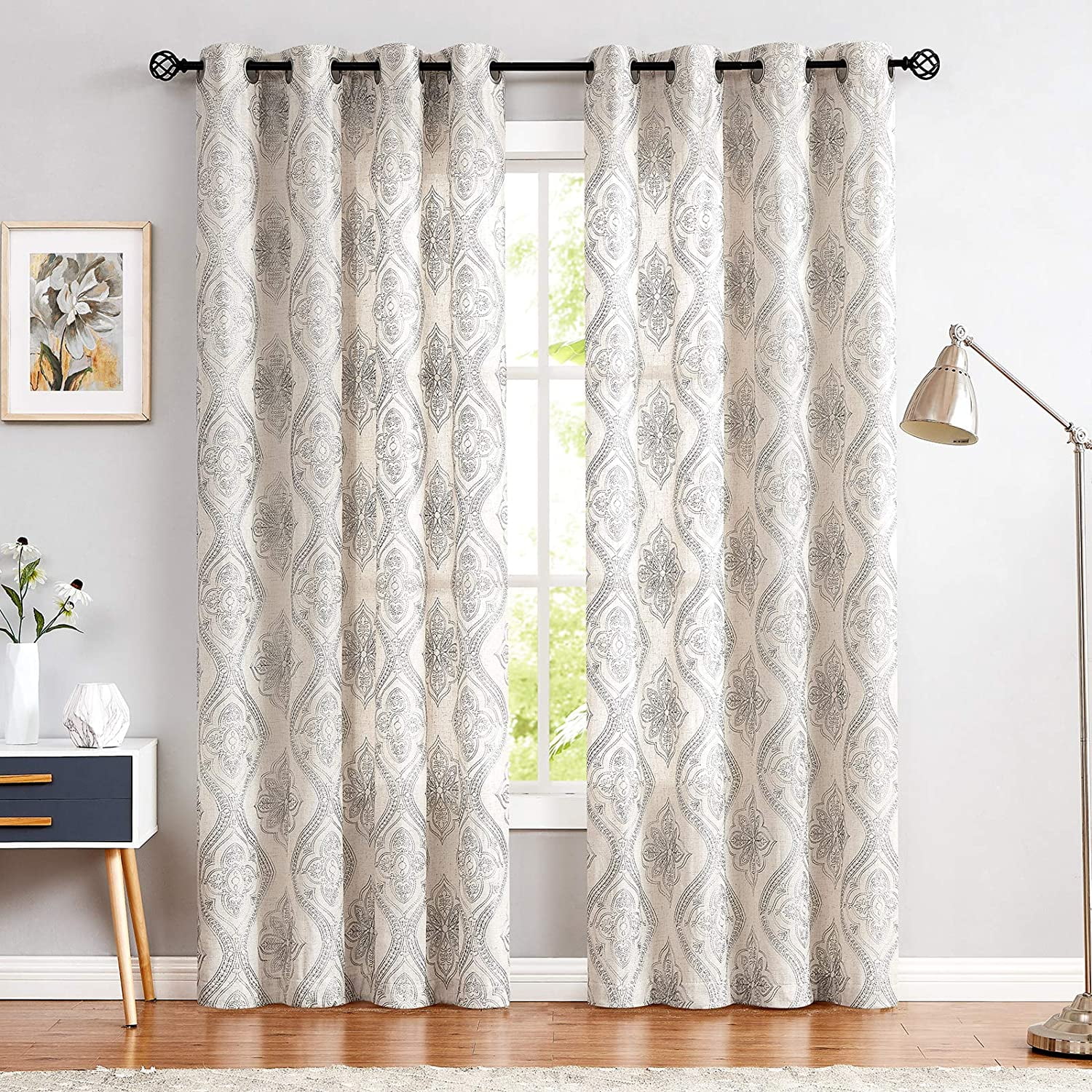 Linen Textured Curtains Living Room mbroidered Design Window Curtains 2 Panels 