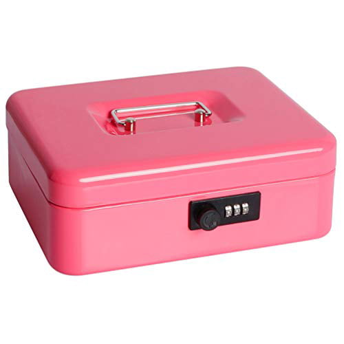 Safe Metal Small Locking Box with Money Tray 7 4/5 x 6 4/5 x 3 3/5 Small, White Decaller Cash Box with Combination Lock 