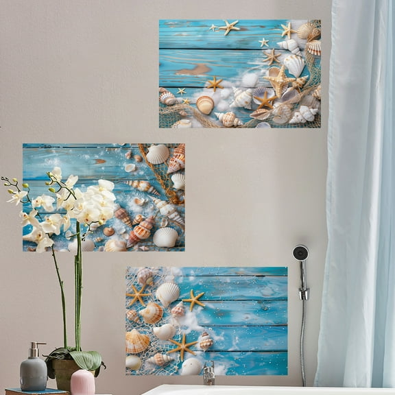 3pcs,Beach and coast shell triptych painting bathroom decoration wall sticker living room bedroom home background wall sticker