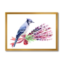 Designart 'Blue Jay Bird On Bouquet Of Pink Flowers' Traditional Framed Art Print