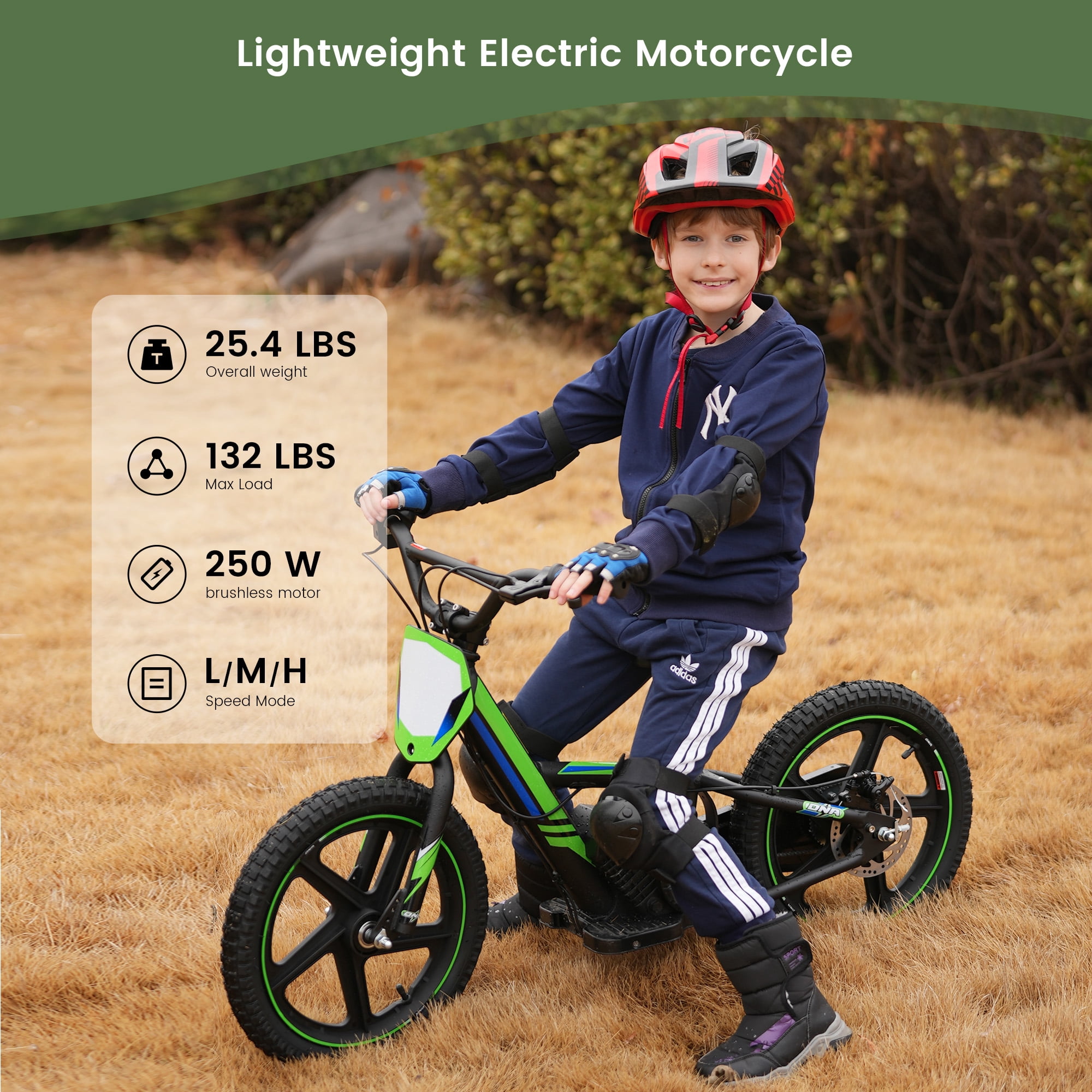 Electric Dirt Bike for Kids, 340W Racing Grade Brushless Motorcycle for Ages 5-12, 3 Speed Modes, 16 inch off Road Tires, Green